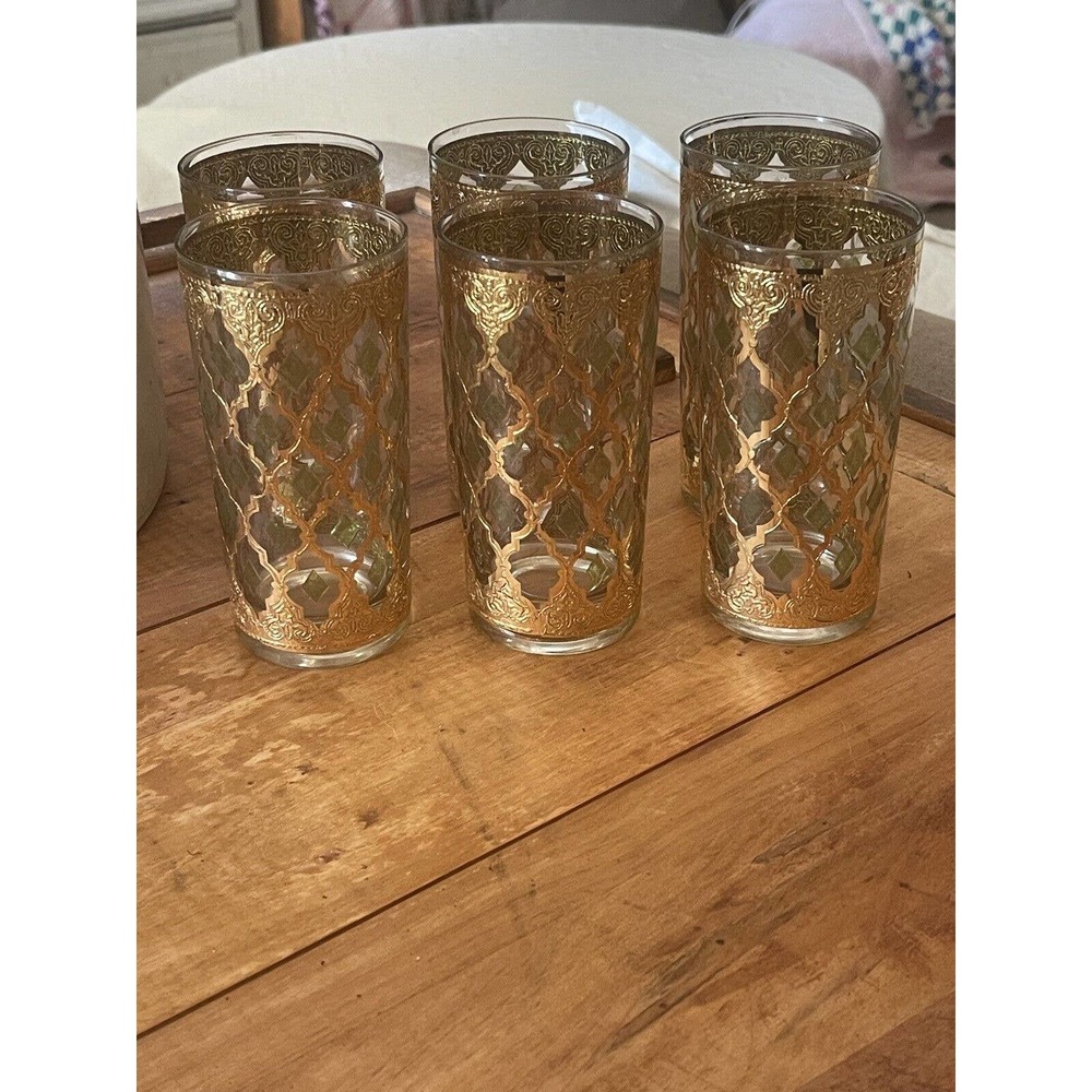 Culver Highball Valencia 22k Gold & Green 6 Pc 5.5" Tumbler Barware Glasses